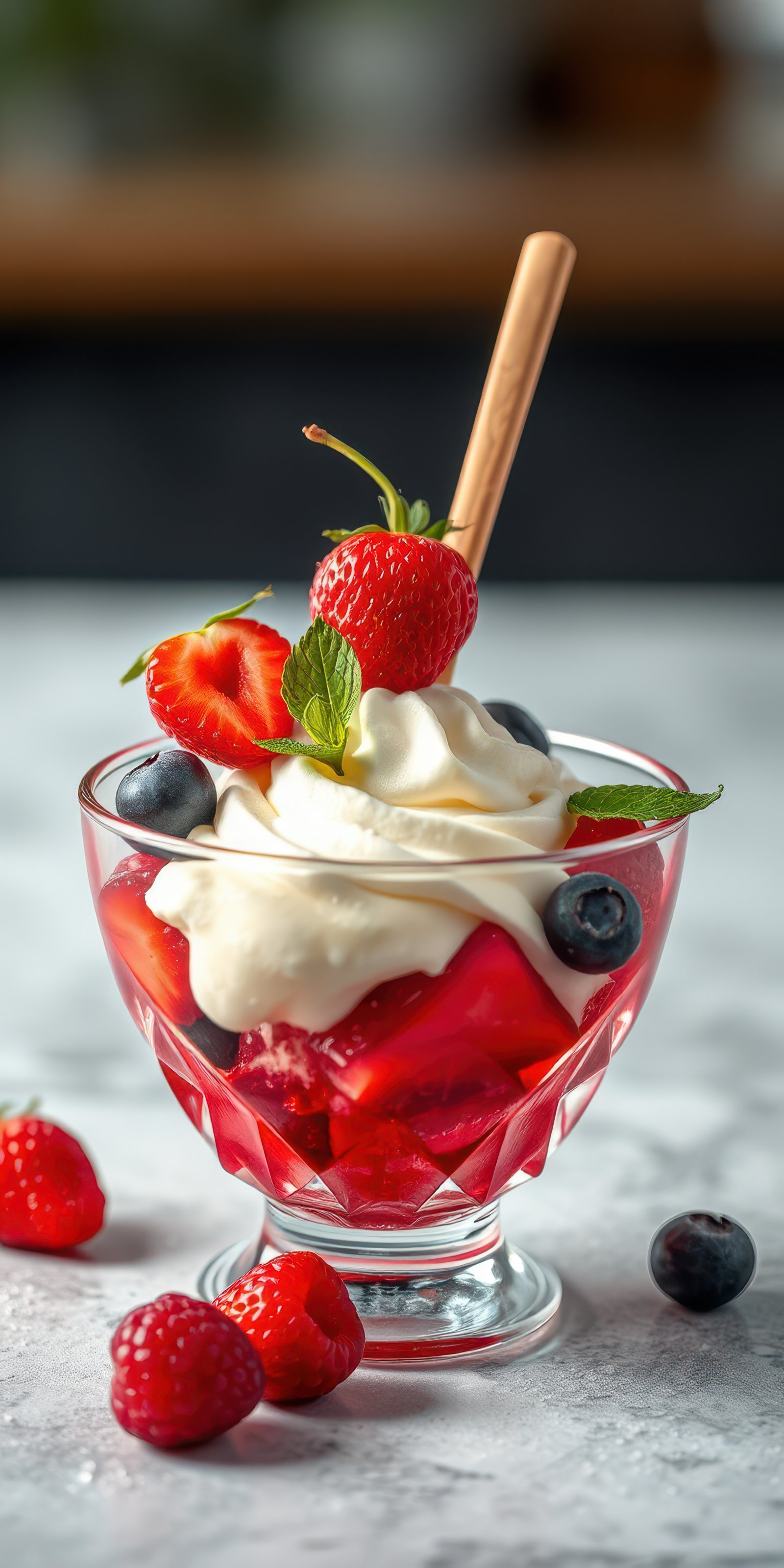 Colorful dessert with strawberries, blueberries and whipped cream in a glass bowl served on a marble countertop